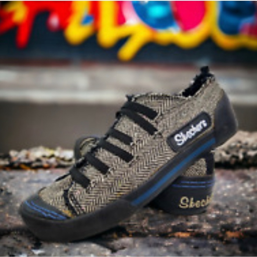 Skechers Vintage Black & White Metallic Tweed‎ Style Elastic Lace Sneakers 8.5